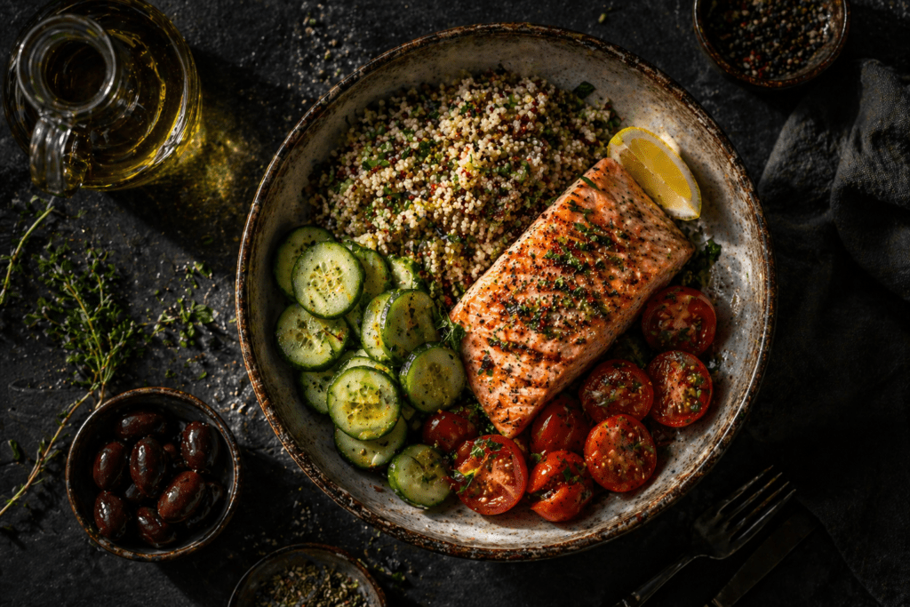Mediterranean lunch bowl that prevents energy crash after eating