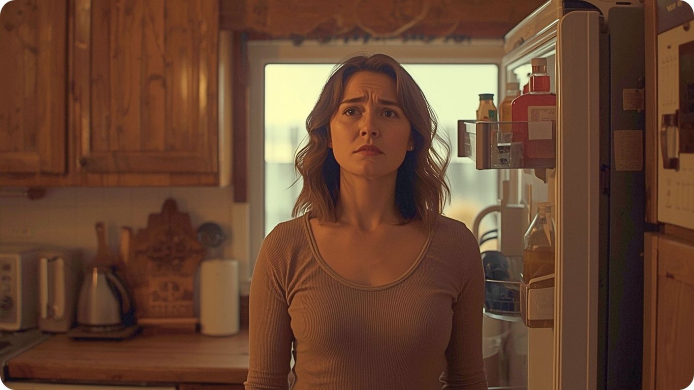 woman standing in kitchen at night, fridge open, soft warm lighting, slightly tired and frustrated expression, cozy home environment, natural realistic style, muted tones, minimal aesthetic, cinem