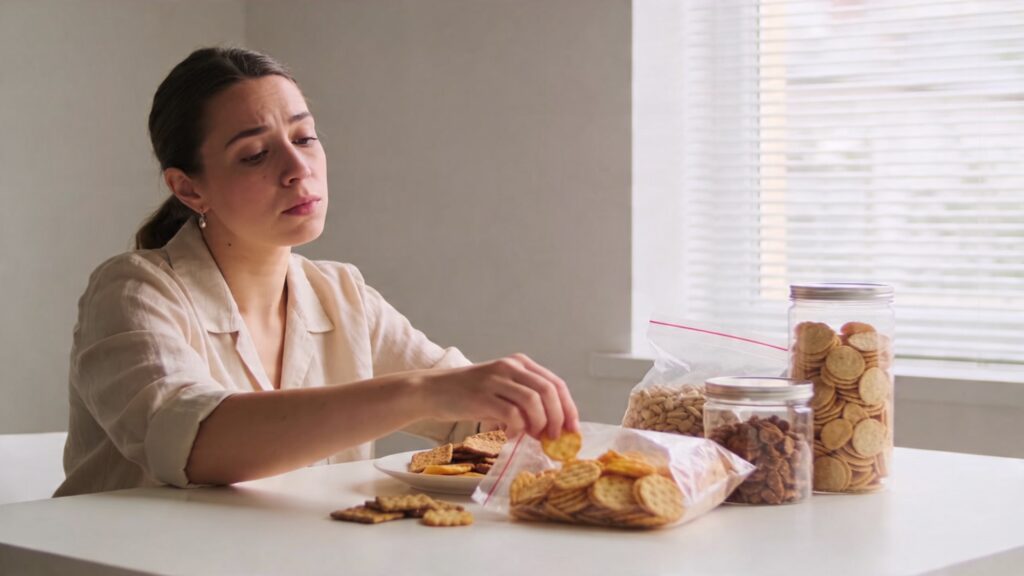 woman feeling hungry mid morning reaching for snacks after breakfast