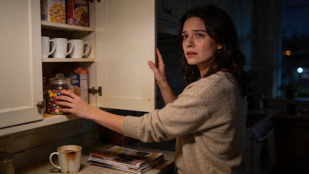 woman in kitchen at night reaching for sweets looking tired and craving sugar