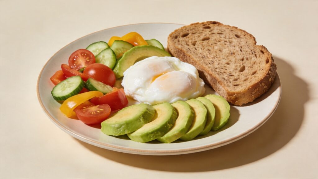 clean Mediterranean breakfast with eggs avocado and grains for a filling meal