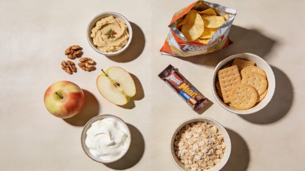 Mediterranean snacks: small bowl of hummus, walnuts, sliced apple, Greek yogurt — right side shows processed snacks: bag of chips, bowl of crackers, candy bar, bowl of cereal.