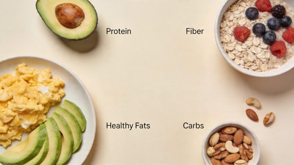 balanced breakfast with eggs avocado oats and berries showing protein fiber fat and carbs