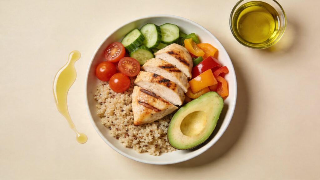 balanced meal with protein fiber healthy fats and carbs for steady energy