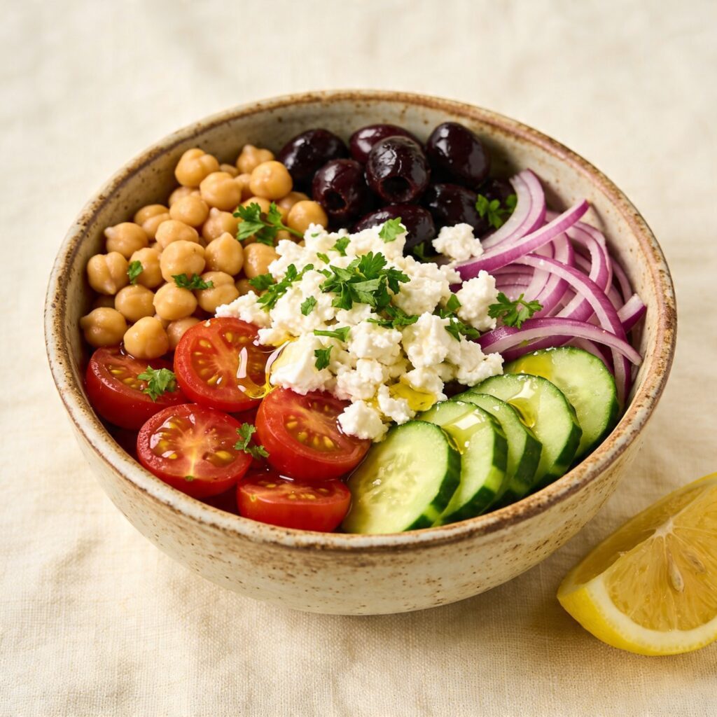Healthy Greek chickpea salad bowl