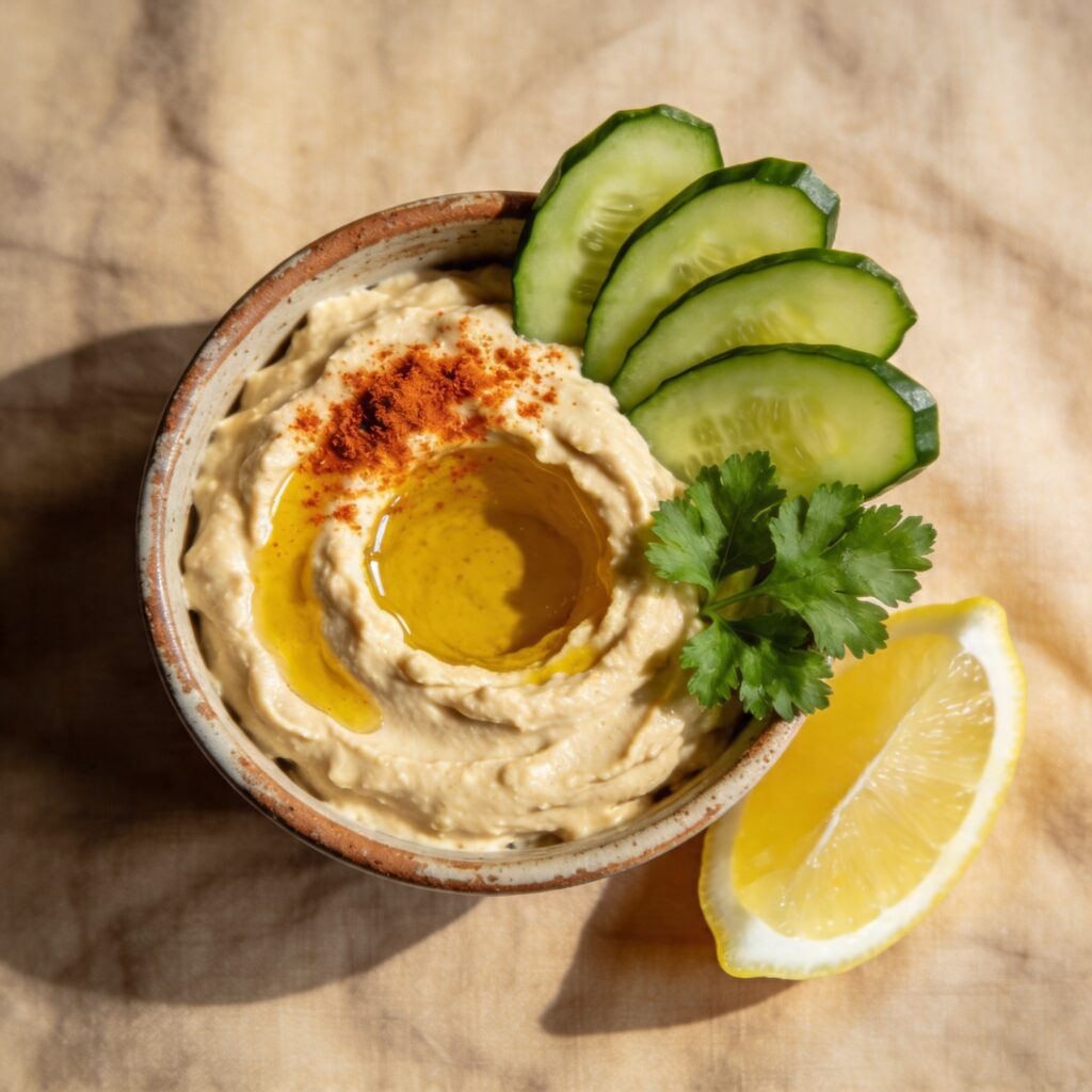 Creamy hummus with cucumber , olive oil and lemon garnish