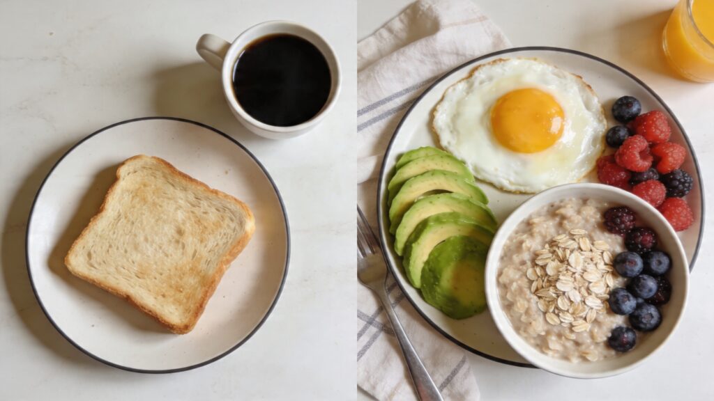comparison of simple breakfast versus balanced breakfast with protein and healthy fats for fullness
