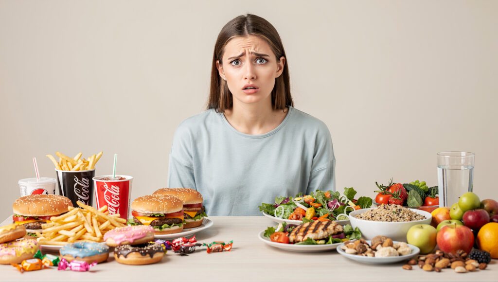 How to Stay Full in a Calorie Deficit (Without Feeling Deprived) Woman choosing between junk and healthy