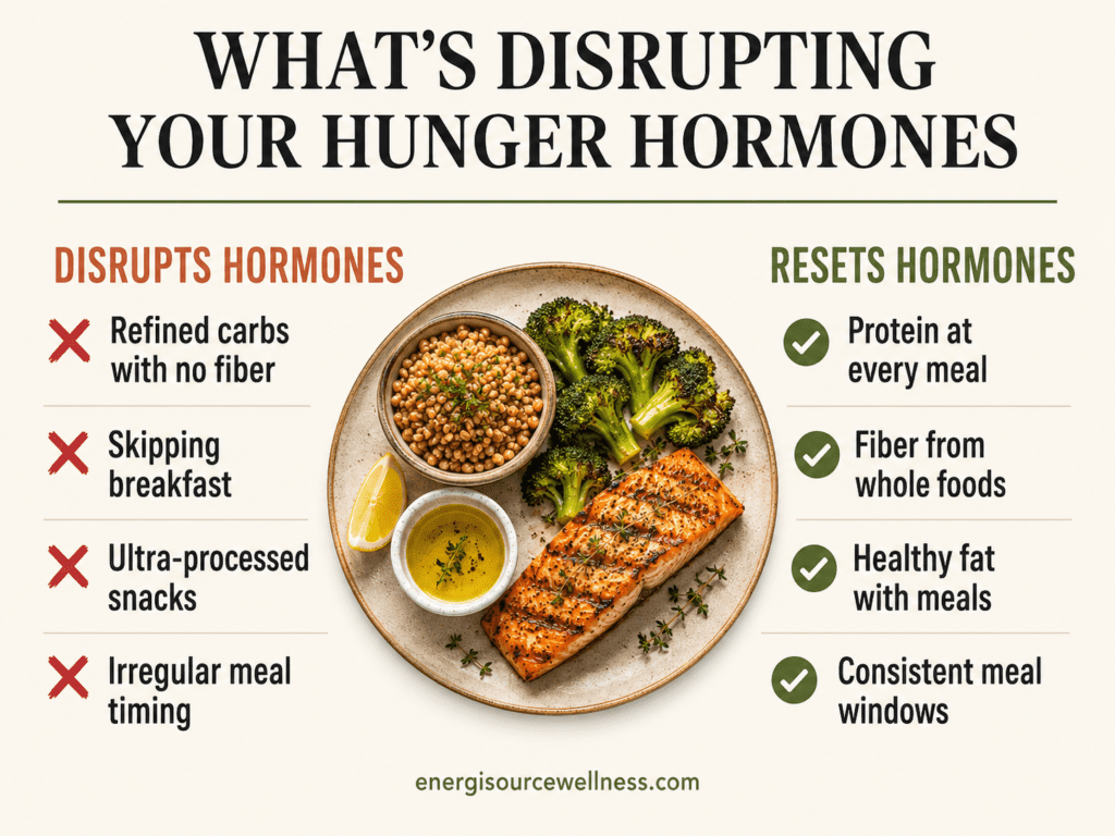 7 day hunger hormone reset plan — protein fiber healthy fat meal timing and full plate method for ghrelin and leptin balance