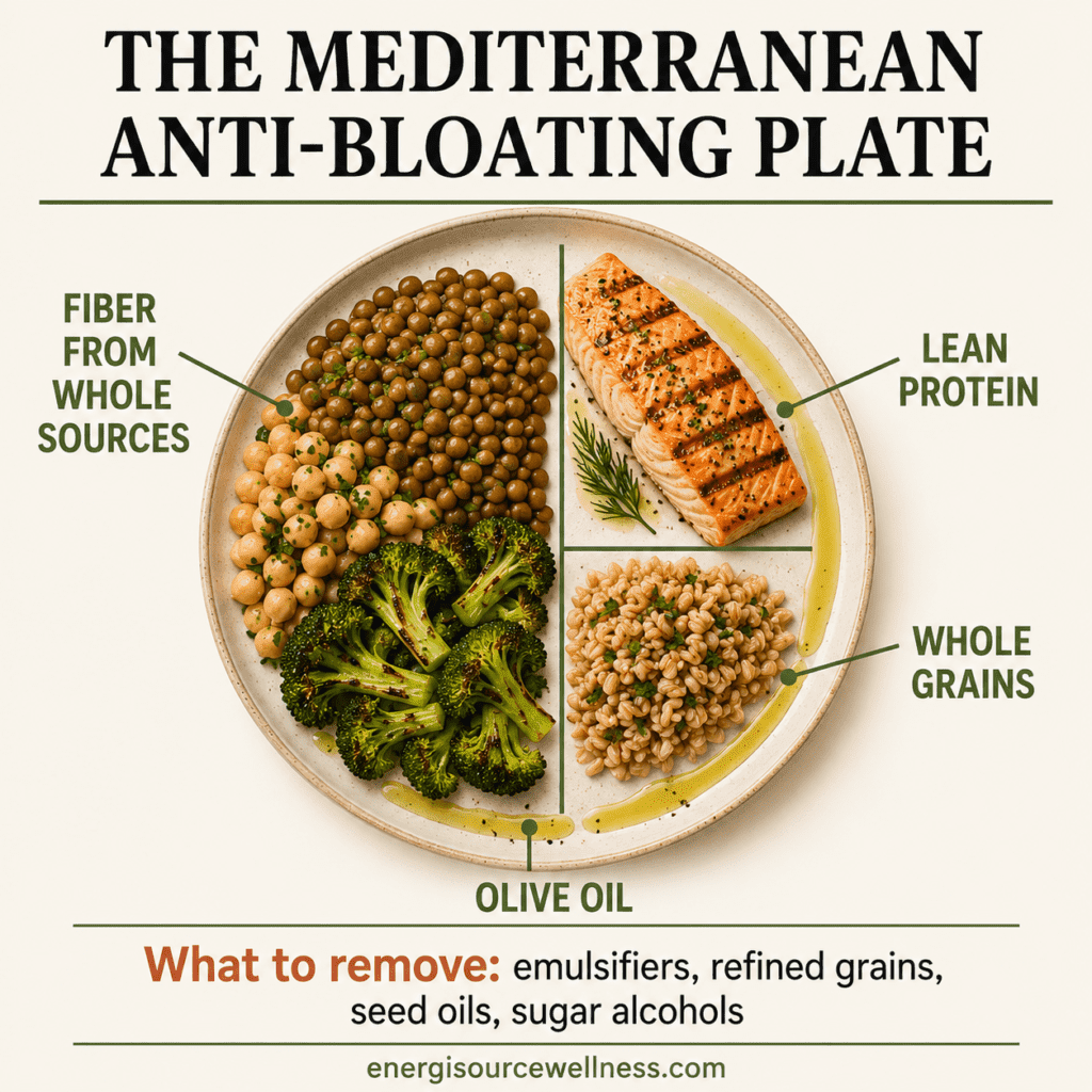 What Causes Bloating in Women (And Why It Keeps Happening No Matter What You Eat) Mediterranean anti-bloating plate diagram showing fiber from whole sources lean protein whole grains and olive oil for women