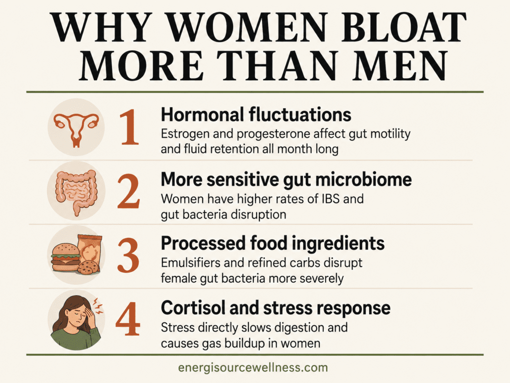 What Causes Bloating in Women (And Why It Keeps Happening No Matter What You Eat) Why women bloat more than men chart showing hormonal fluctuations gut sensitivity processed food ingredients and cortisol effects