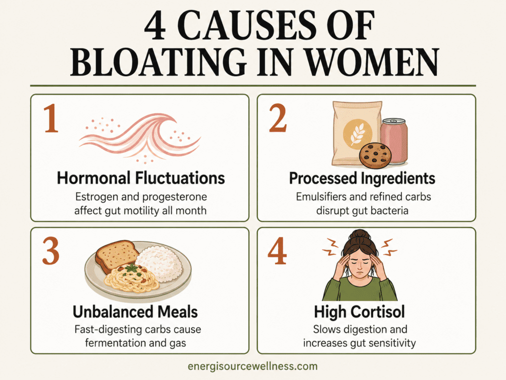 What Causes Bloating in Women (And Why It Keeps Happening No Matter What You Eat) 4 causes of bloating in women chart showing hormonal fluctuations processed ingredients unbalanced meals and high cortisol effects
