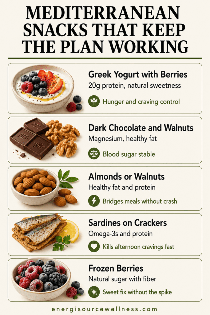 Mediterranean snacks that keep the meal plan working including Greek yogurt dark chocolate walnuts sardines crackers and frozen berries