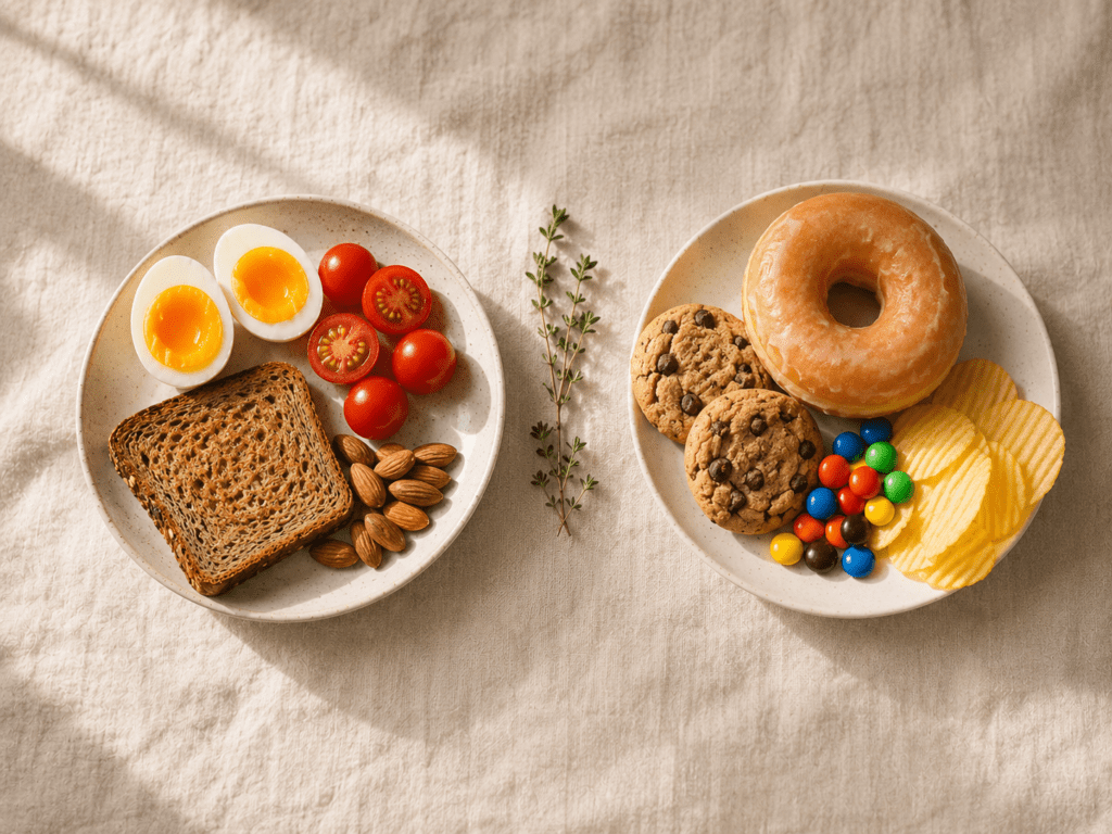 How to Stop Snacking So Much (Without White-Knuckling It) Visual comparison of physical hunger satisfied by real food versus emotional hunger that wants only treats, explaining constant snacking