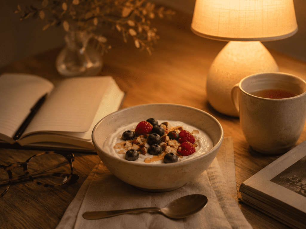 How to Stop Snacking So Much (Without White-Knuckling It) A calm evening with a small bowl of Greek yogurt and berries beside a warm lamp, the after picture of ending night snacking