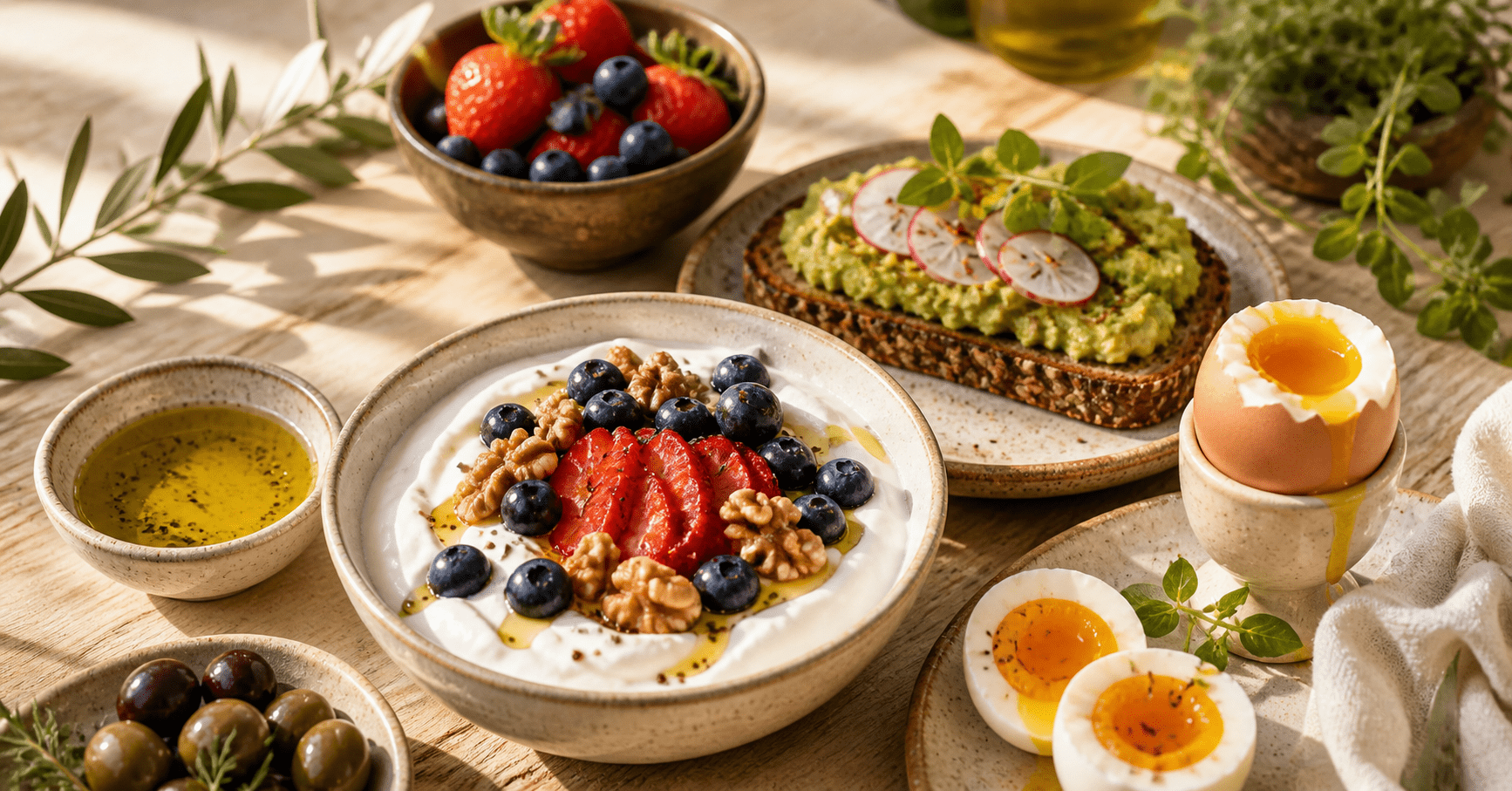 Healthy breakfast spread with fruit