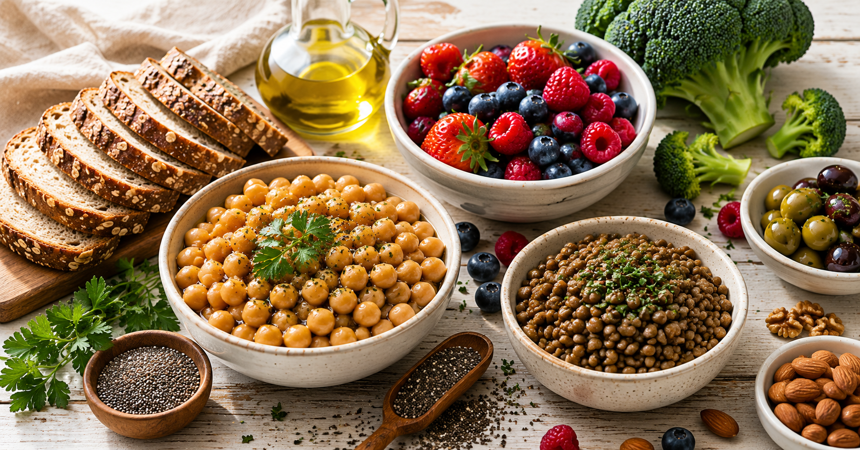 Foods High in Fiber and Protein That Keep You Full (The Mediterranean List) Healthy food assortment spread