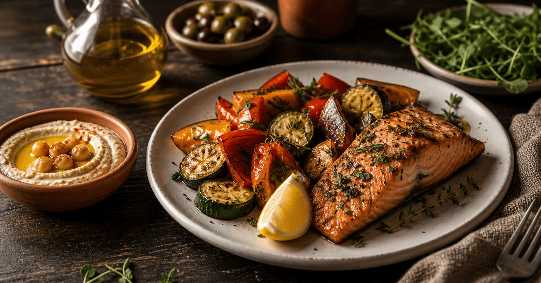 Grilled salmon with roasted vegetables