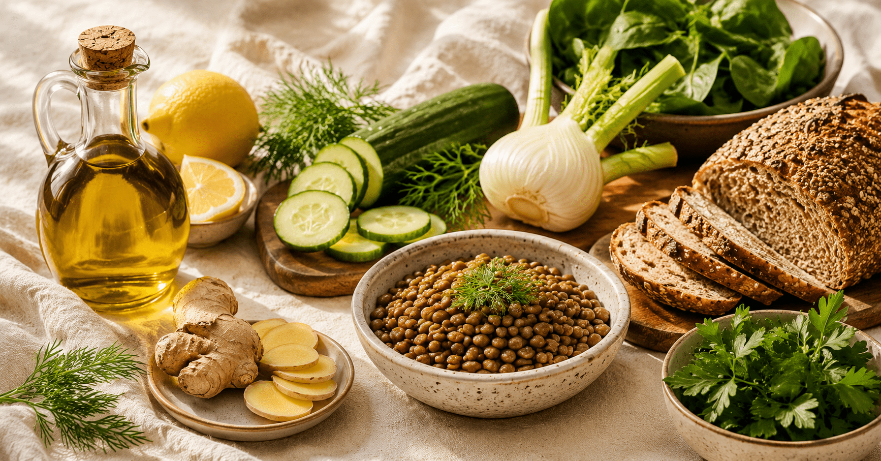 What Causes Bloating in Women (And Why It Keeps Happening No Matter What You Eat) Anti-bloating Mediterranean foods spread including olive oil ginger cucumber fennel lentils whole grain and leafy greens