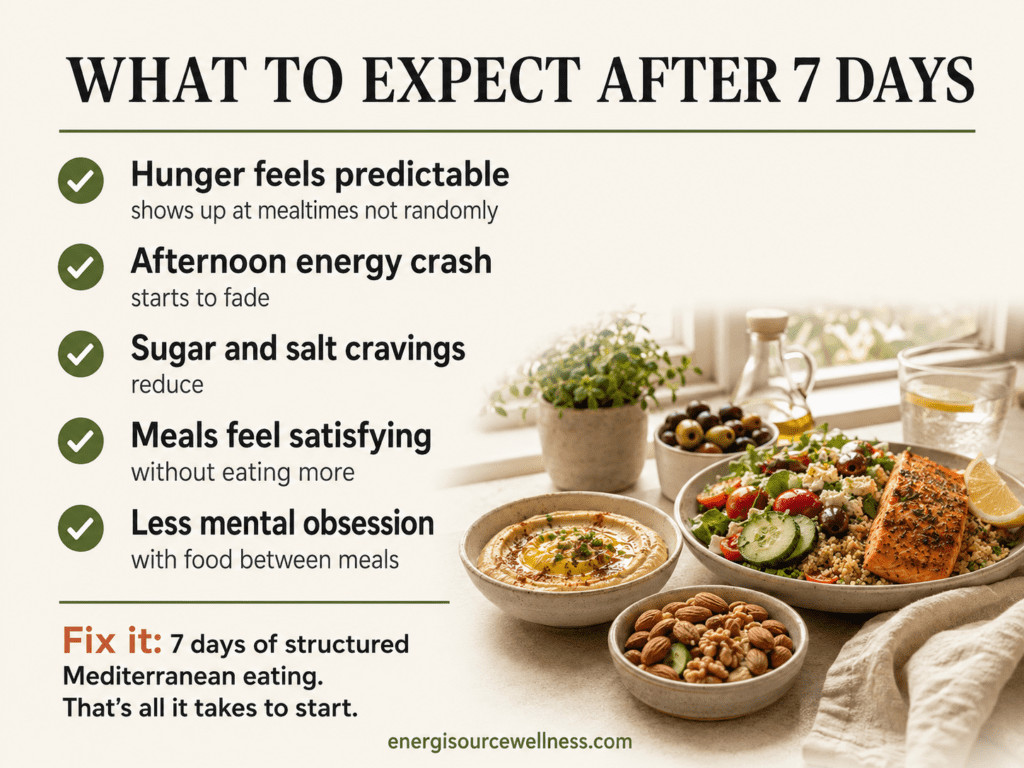 What to expect after 7 day hunger hormone reset — predictable hunger less cravings more energy Mediterranean meal structure results