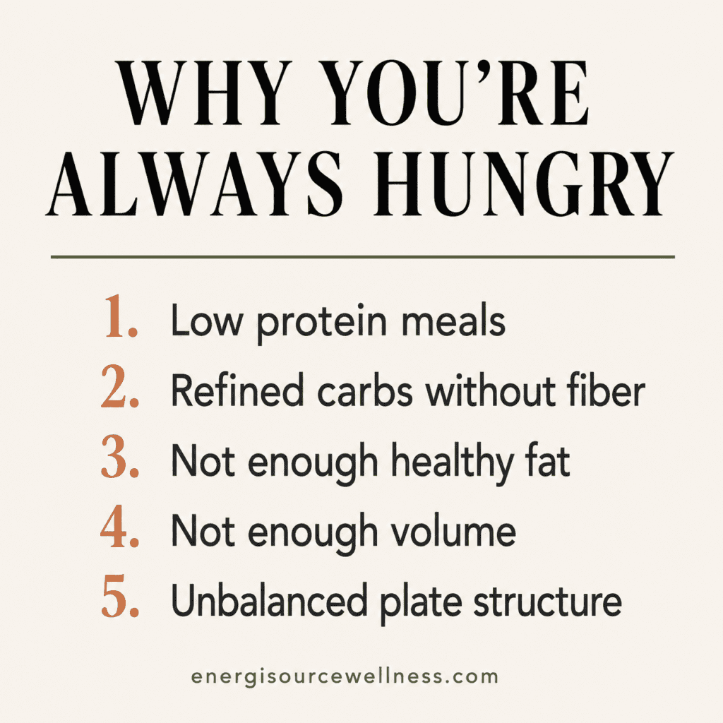 Hunger causes: low protein, fiber.