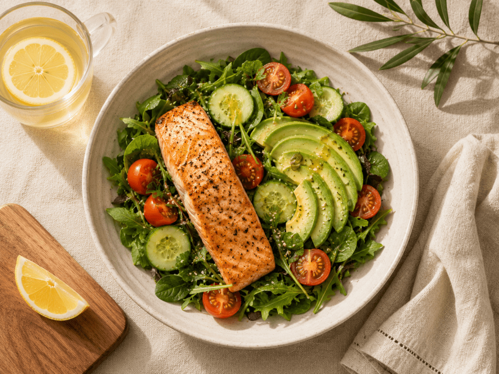 Foods That Reduce Bloating Fast (10 Real Fixes I Use Every Week) Salmon and avocado lunch bowl with greens and lemon, anti bloating Mediterranean meal that fights water retention
