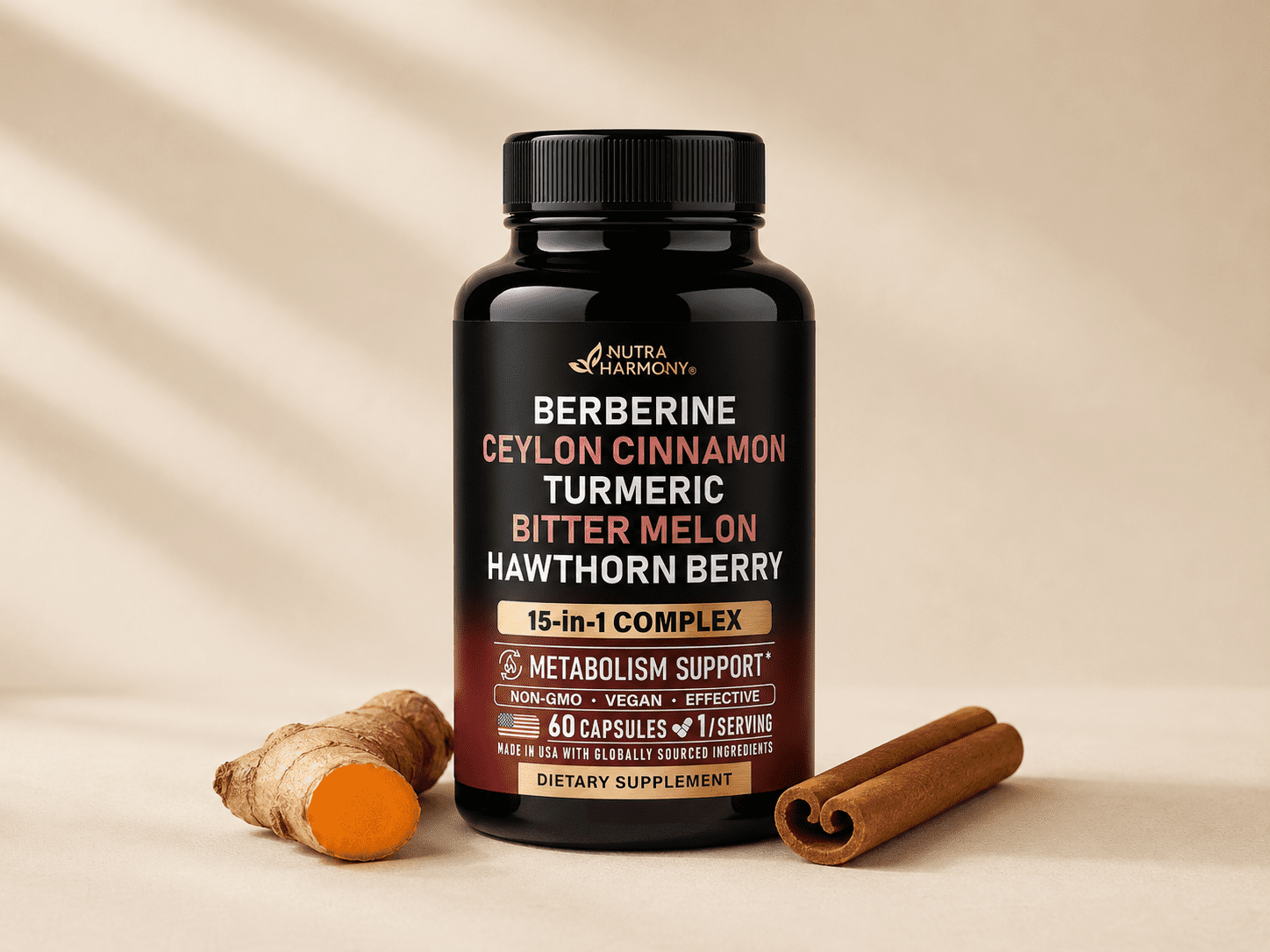 Berberine with Ceylon cinnamon supplement on cream background — best herbal complex for blood sugar control