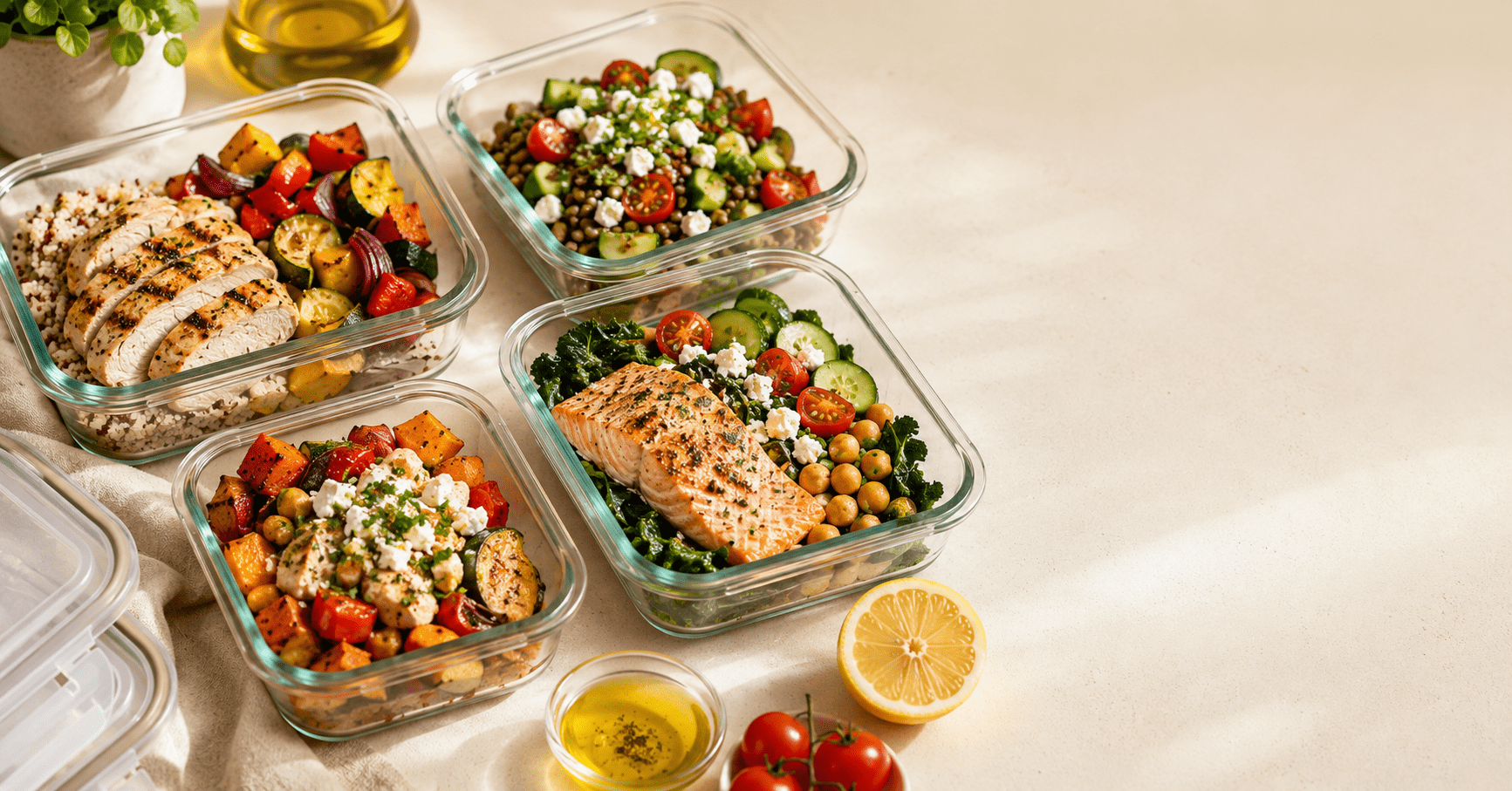 Best Glass Meal Prep Containers (From Someone Who Cares What Touches Their Food) Glass meal prep containers filled with Mediterranean meals on a cream kitchen counter, best glass meal prep containers