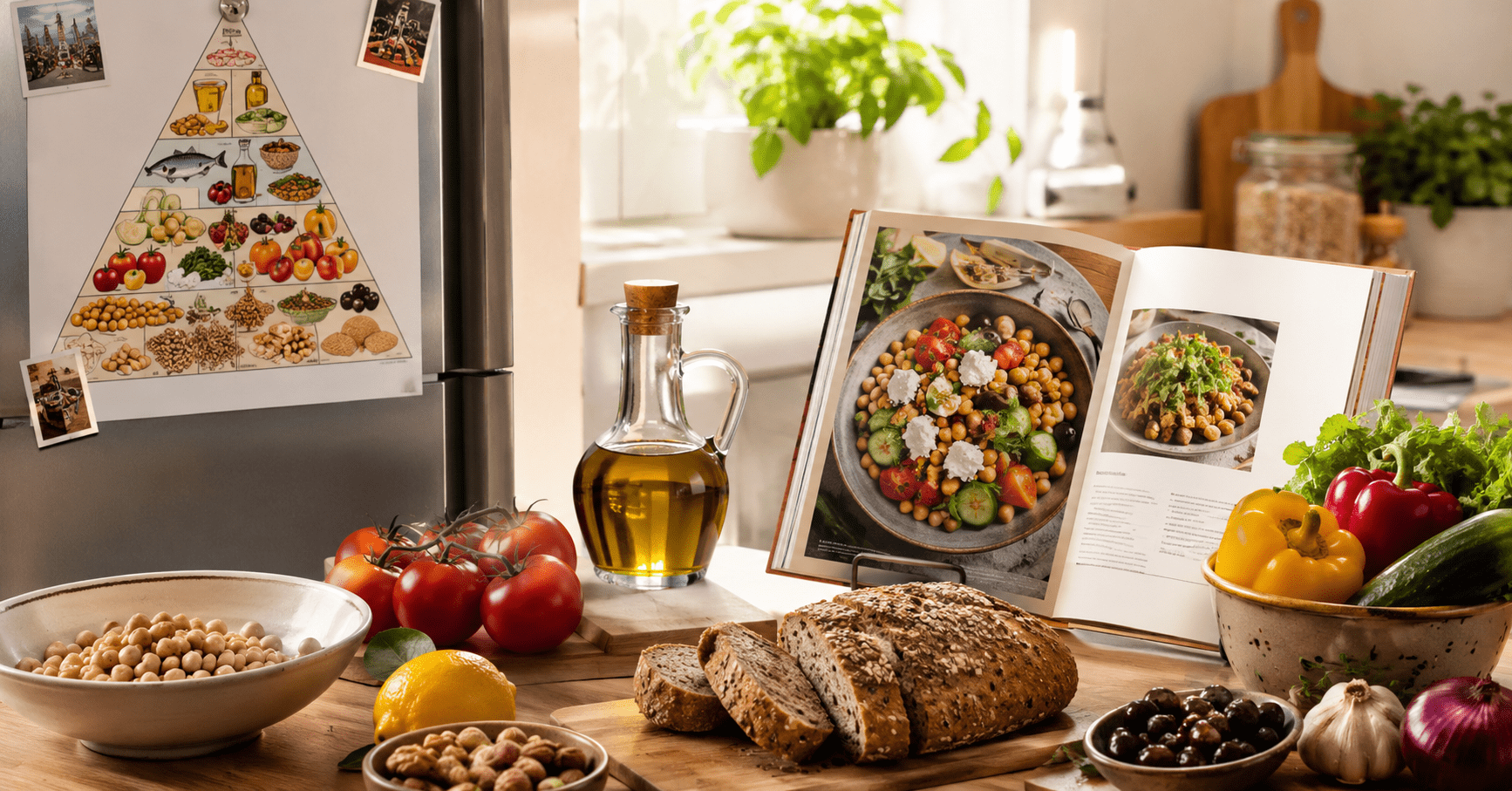 Best Mediterranean diet tools for beginners including food charts meal planner cookbook and whole food staples on kitchen surface