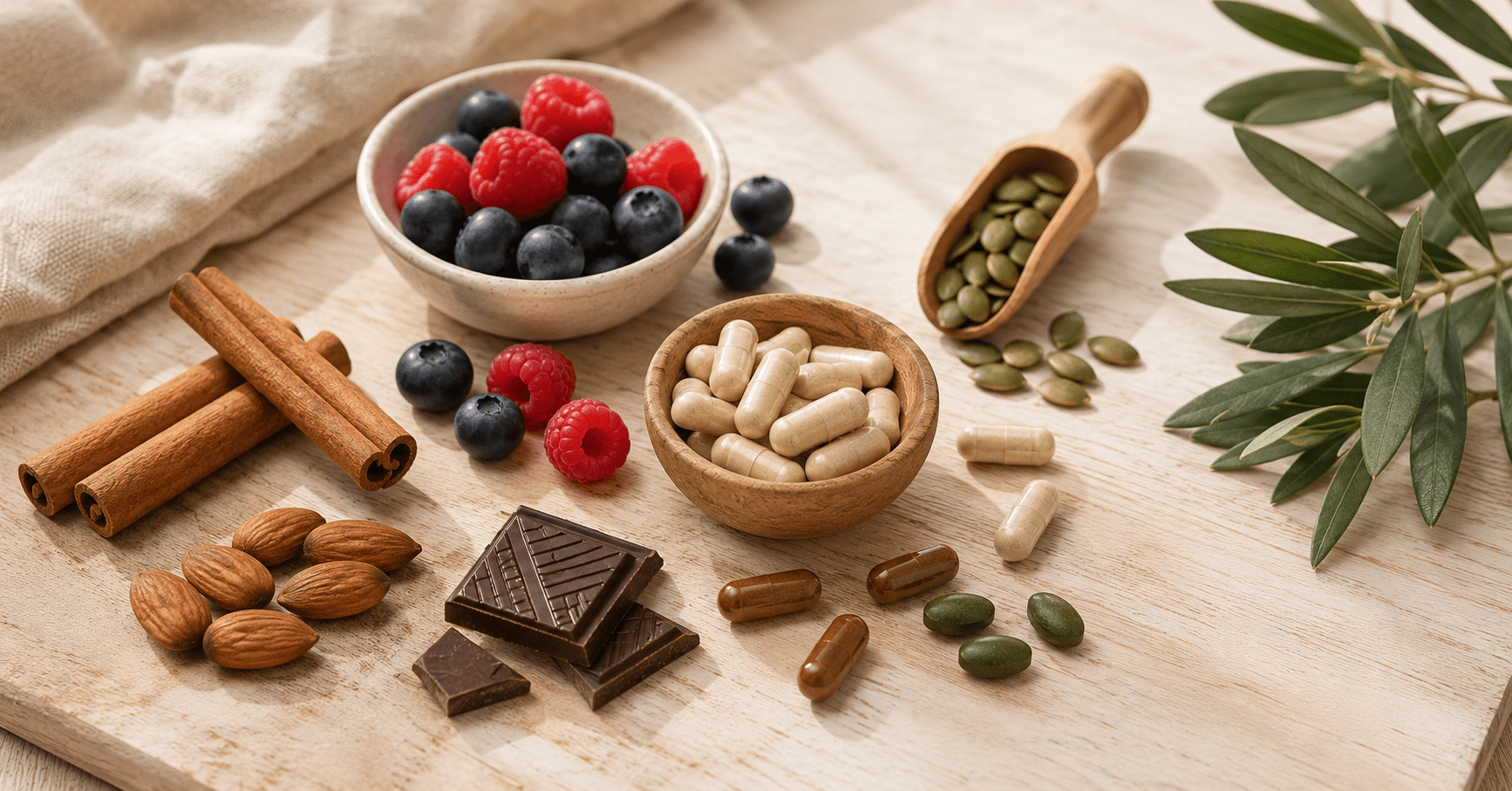 Natural blood sugar support ingredients on cream background — best supplements for blood sugar and cravings control