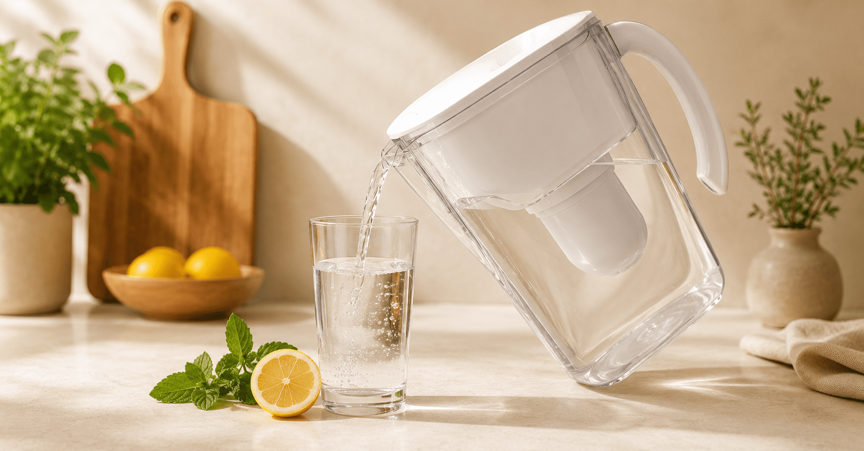 Hands pouring clean filtered water from a water pitcher with filter on a kitchen counter — best water pitcher with filter for health and blood sugar
