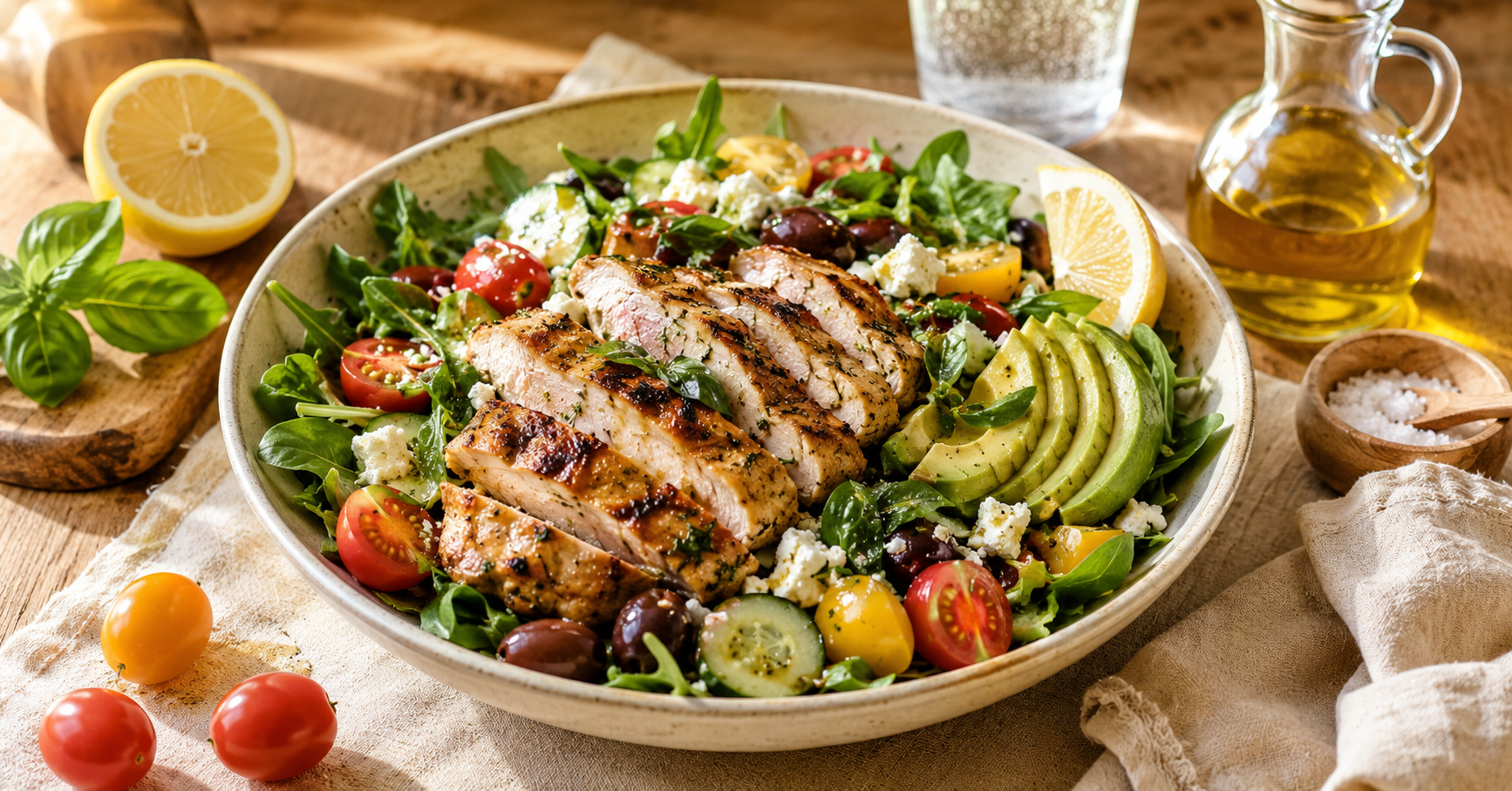 Big summer salad with grilled chicken, avocado, cherry tomatoes, and Mediterranean herbs in a cream ceramic bowl — summer salads that keep you full Mediterranean diet