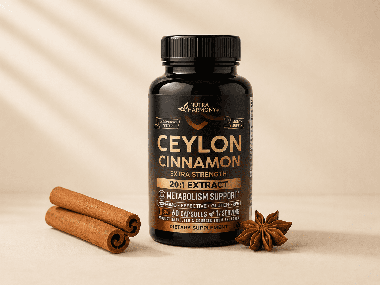 NutraHarmony Ceylon cinnamon capsules on cream background — best cinnamon supplement for blood sugar and cravings