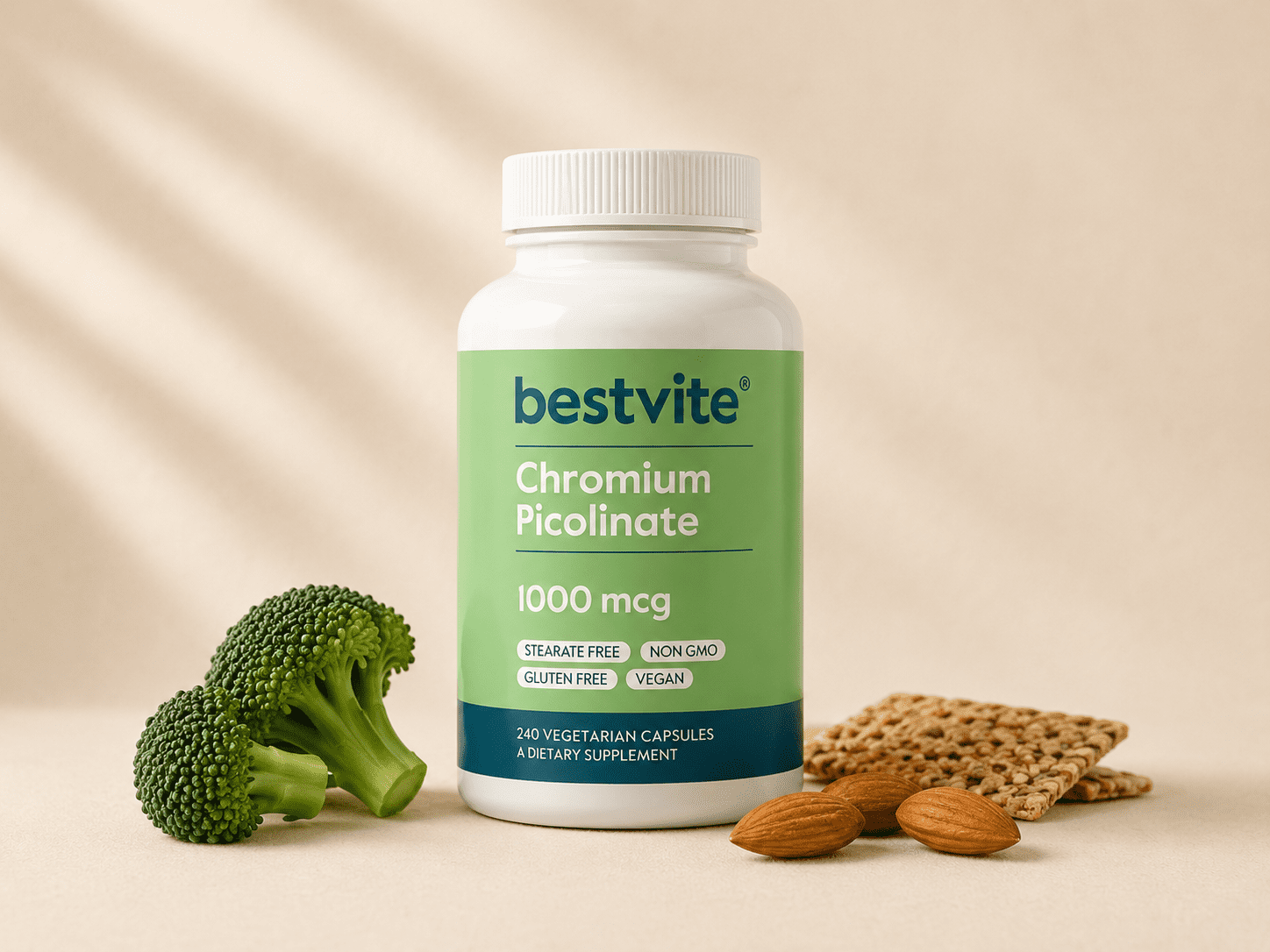 Chromium picolinate supplement on cream background — best supplement to stop carb and sugar cravings