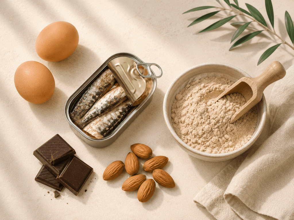 Clean eating protein foods arranged on cream background — natural protein powder Mediterranean diet