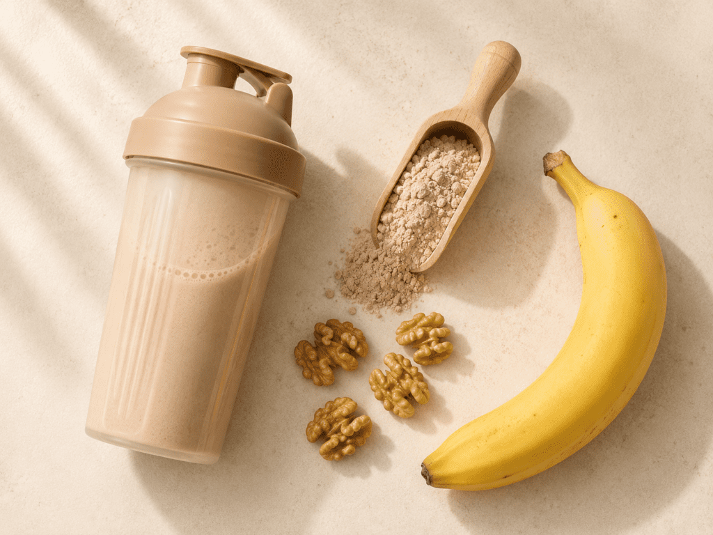 Morning protein setup with shaker and banana — clean protein powder for hunger control