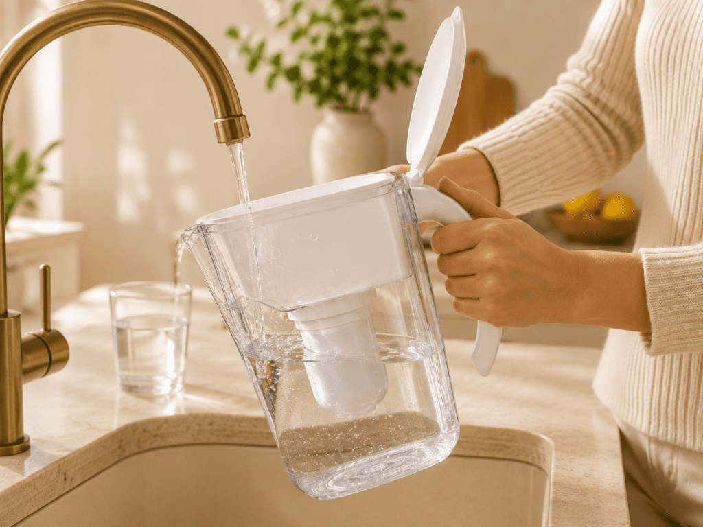 Person filling a Clearly Filtered water pitcher with filter from kitchen tap as part of morning wellness routine — clean water for hormone health and blood sugar