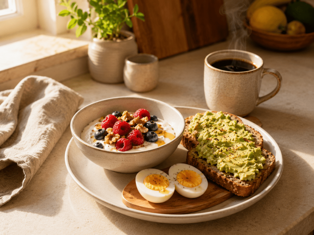 Greek yogurt breakfast with berries, eggs, and avocado toast — protein and fiber breakfast that stops sugar cravings
