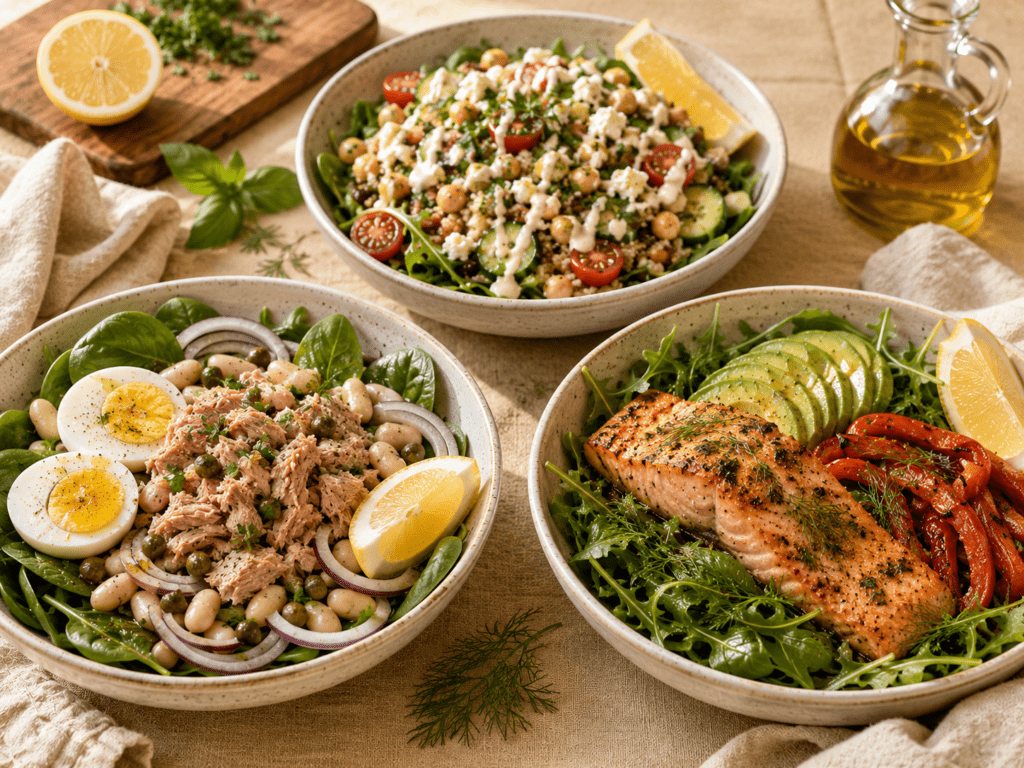 Three filling Mediterranean summer salads with tuna white beans, chickpea quinoa, and grilled salmon — high protein salads for women