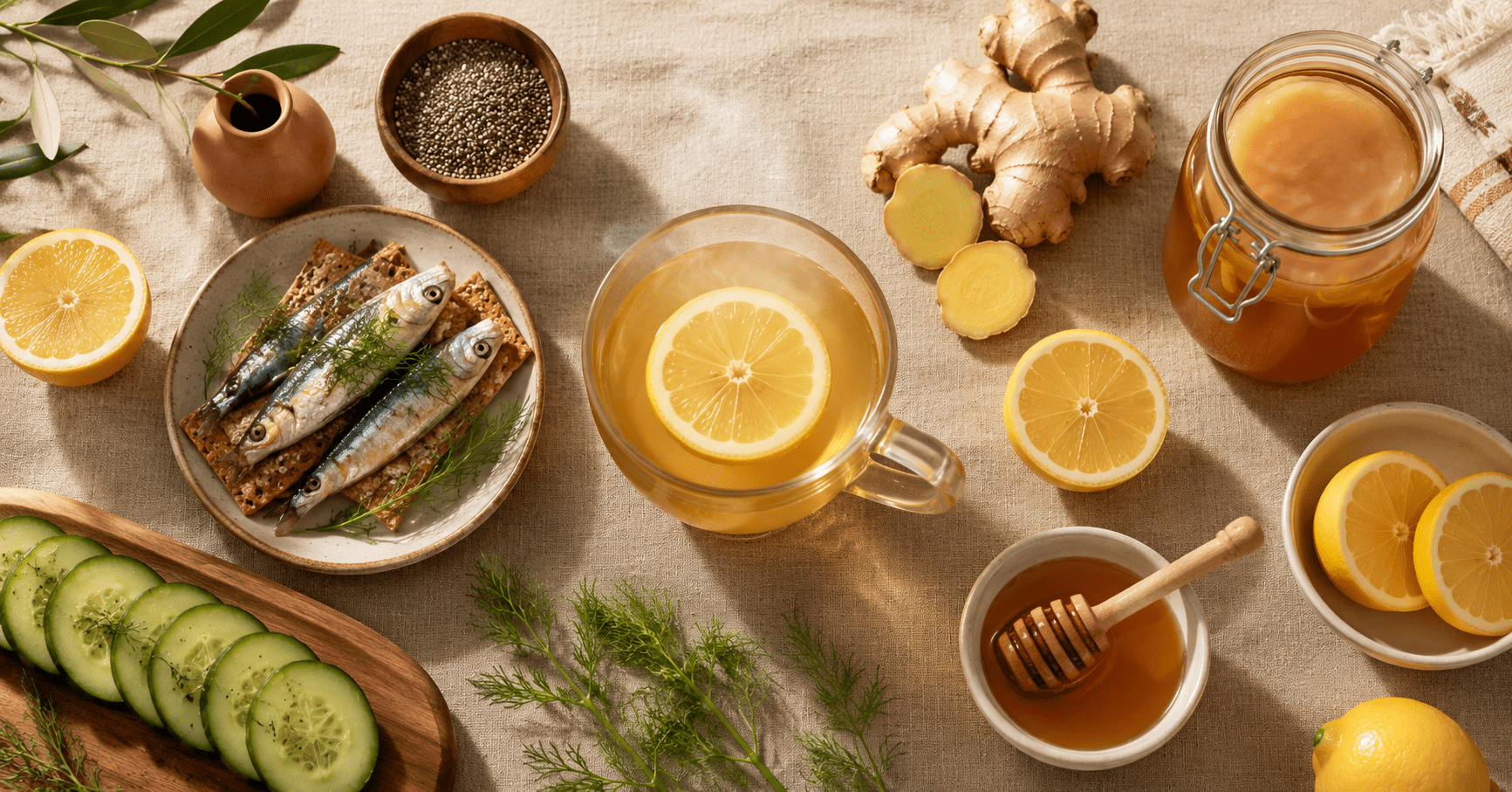 Anti bloating foods including sardines chia seeds lemon water and ginger arranged on a wooden table, foods that reduce bloating fast with Mediterranean ingredients