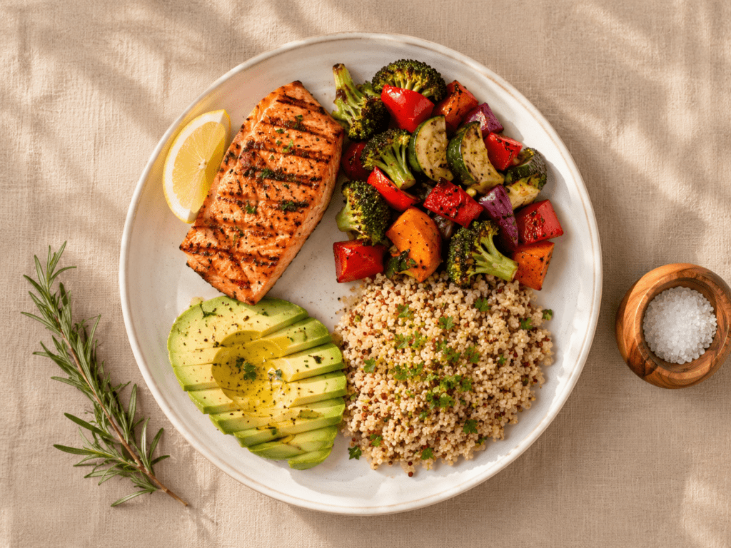 Balanced plate with salmon, vegetables, avocado, and quinoa — Full Plate Method for stopping sugar cravings naturally