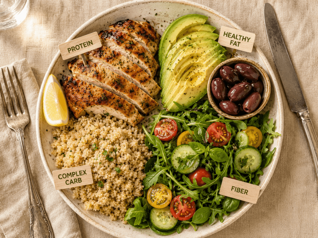 The Full Plate Method for summer salads showing protein, healthy fat, complex carb, and fiber on a Mediterranean salad plate