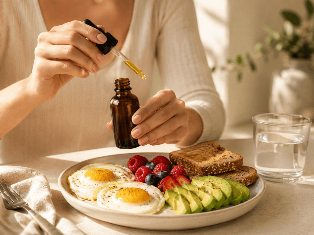 Woman taking blood sugar supplement with balanced breakfast — GlucoTonic review morning routine