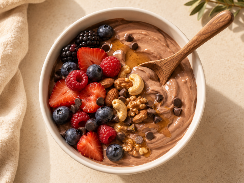 Greek yogurt protein powder dessert bowl with berries and honey — how to use protein powder for nighttime cravings