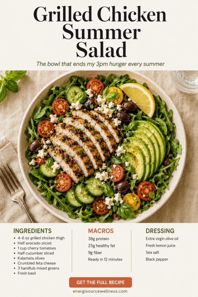 Grilled chicken avocado tomato summer salad recipe — Mediterranean diet salad that keeps you full all afternoon
