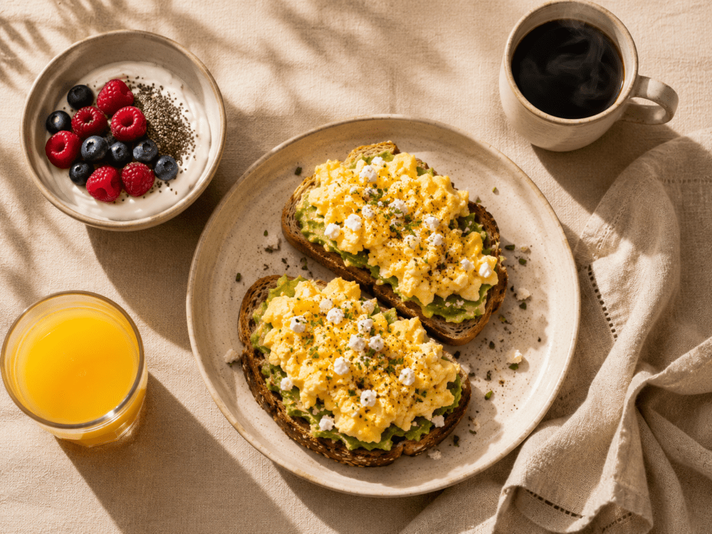 Three eggs scrambled with feta and avocado on whole grain toast with Greek yogurt and berries, high protein breakfast to stay full all morning