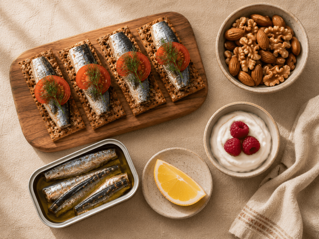 Sardines on whole grain crackers with a bowl of mixed walnuts and almonds and Greek yogurt, high protein snacks that travel