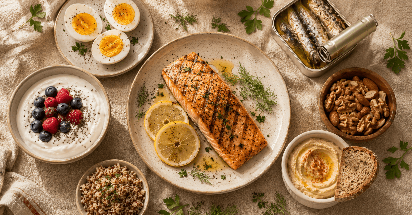 Plate with grilled salmon eggs Greek yogurt sardines and walnuts arranged on wooden table, how much protein to stay full with Mediterranean protein sources