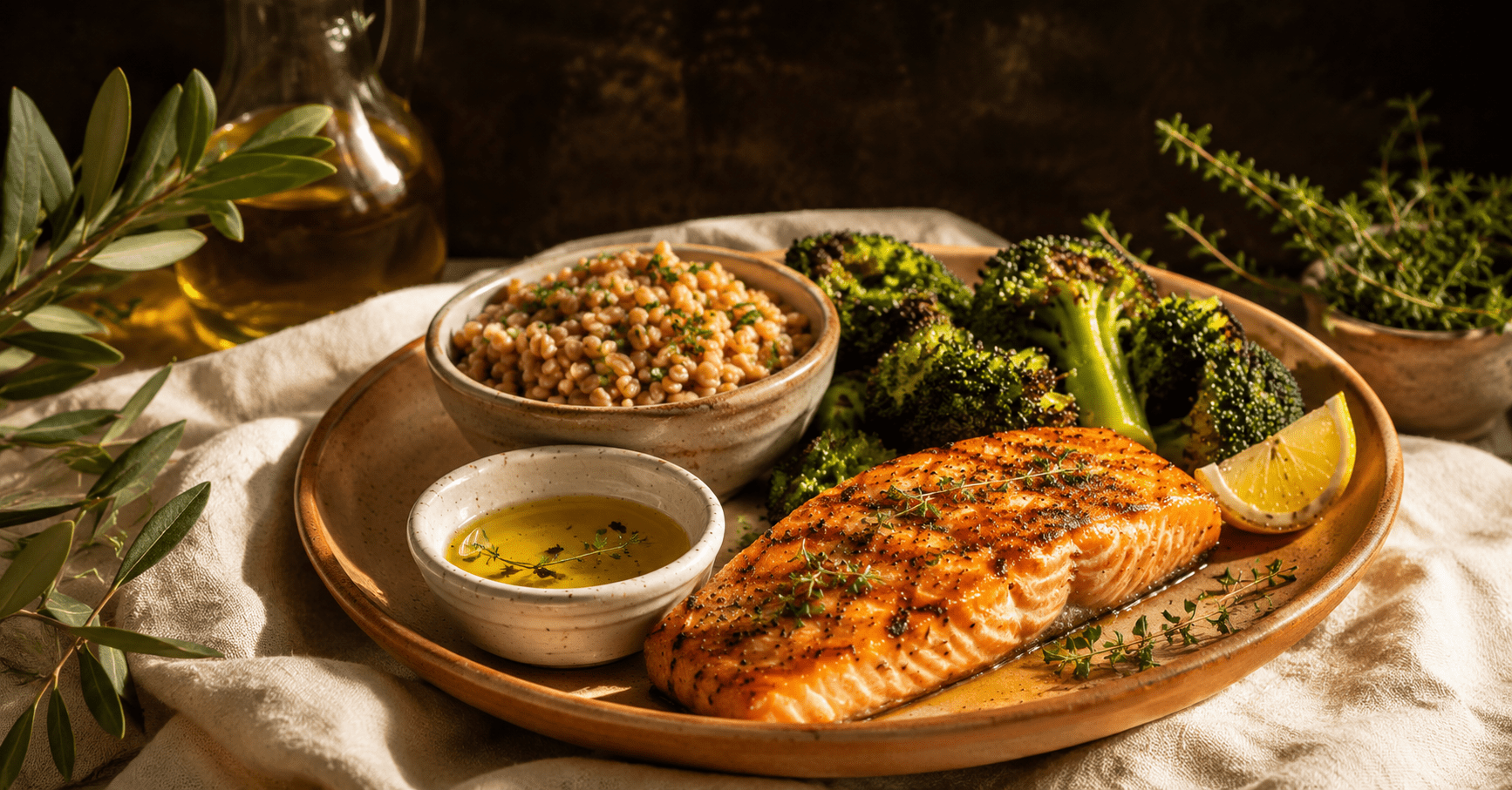 Balanced Mediterranean plate with grilled salmon roasted broccoli farro and olive oil — how to reset hunger hormones in 7 days