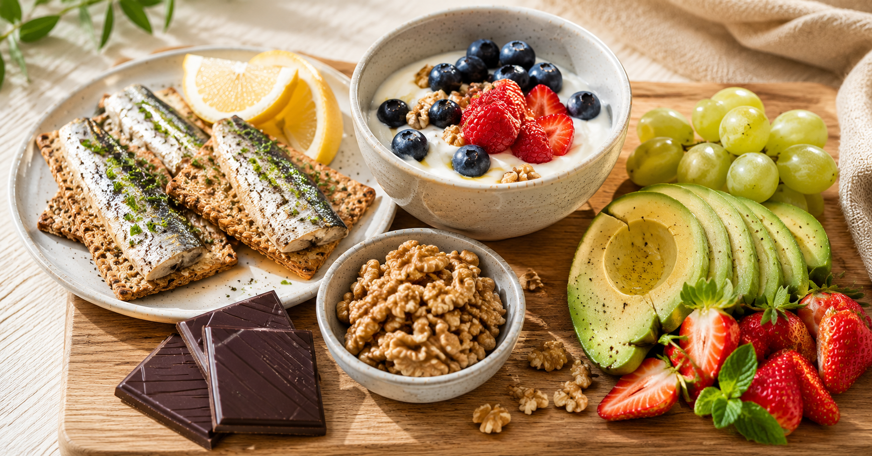 Mediterranean snacks that stop food cravings naturally including sardines crackers Greek yogurt berries avocado and dark chocolate